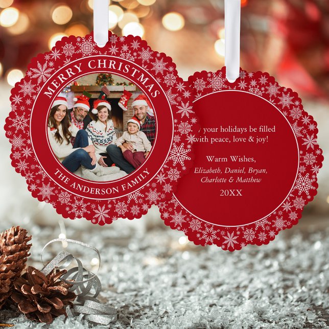Modern Snowflakes Red Merry Christmas Photo Tree Decoration Card (A greeting card that is also an ornament! Customize with your photo and personalized text.)