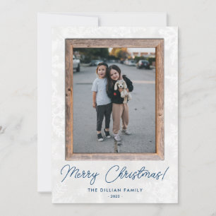 Modern Snowflakes Rustic Wood Frame Holiday Photo Card