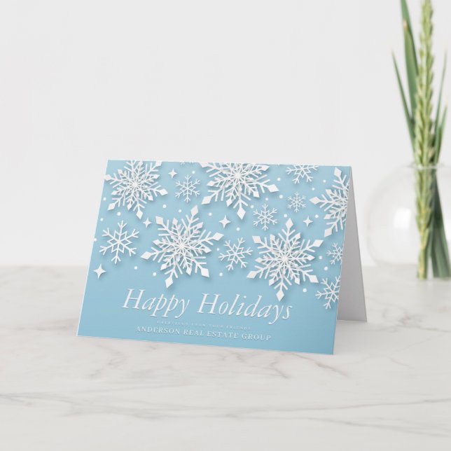 Modern Snowflakes Snow on Blue Holiday Greetings Card (Front)