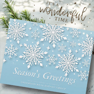 Modern Snowflakes Snow on Blue Season's Greetings Postcard