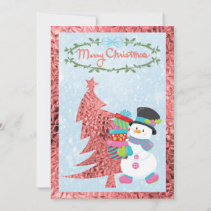 Modern Snowman and Pink Metallic Tree Flat Card