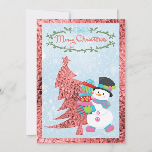 Modern Snowman and Pink Metallic Tree Flat Card (Front)