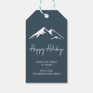 Modern Snowy Mountain on Blue Happy Holidays Gift Tags
