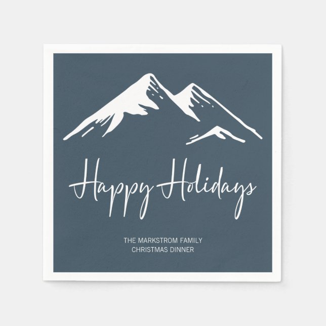 Modern Snowy Mountain on Blue Holiday Party Napkin (Front)