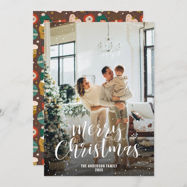 Modern Snowy Typography Photo Merry Christmas Card (Front/Back)
