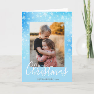 Modern Snowy Winter Blue Merry Christmas Photo Holiday Card