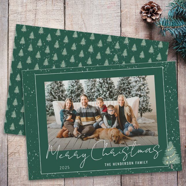 Modern Snowy Woodland Christmas Family Photo Holiday Card (Modern woodland snow festive tree light christmas family photo holiday card Whimsical elegant script)