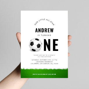 Modern Soccer Ball Grass Kid's 1st Birthday Party Invitation