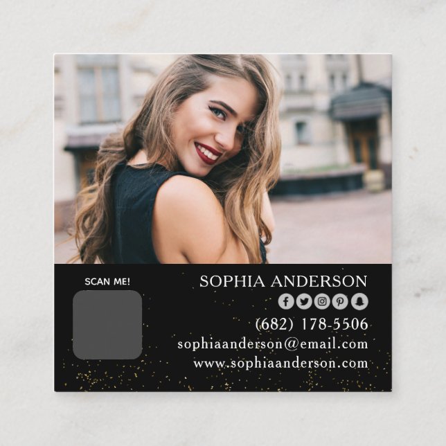Modern social media add your logo photo QR code  S Square Business Card (Back)