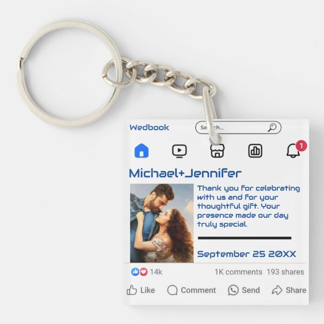 Modern Social Media Custom Message Wedding Favour  Key Ring (Front)