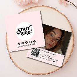Modern Social Media Logo Photo QR Pink Square Business Card