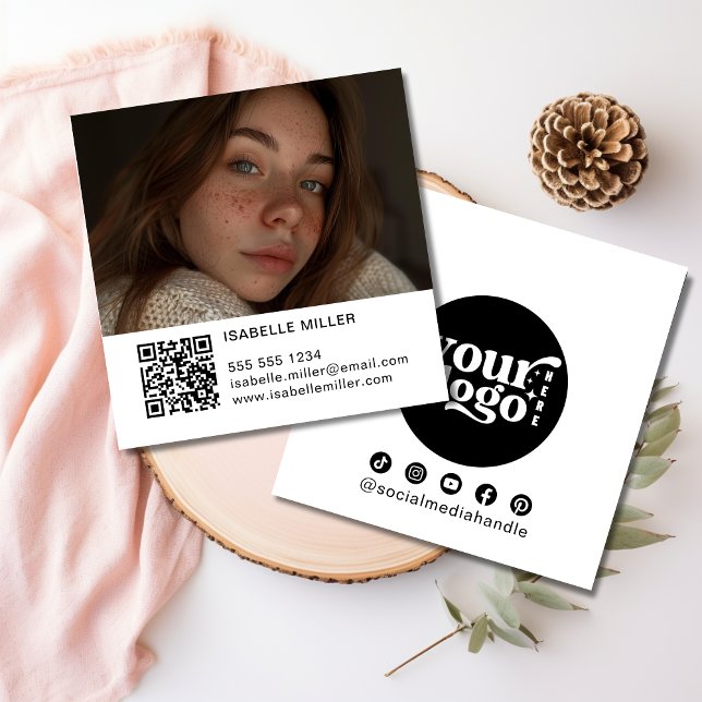Modern Social Media Logo Photo QR White Square Business Card (Creator Uploaded)