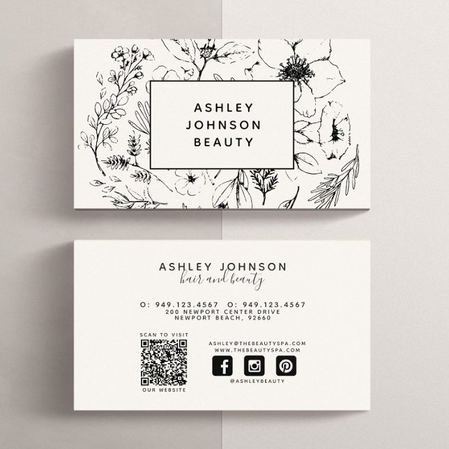 Modern Social Media QR Code Botanical Blush Black Business Card (QR Code Social Media Business Card)