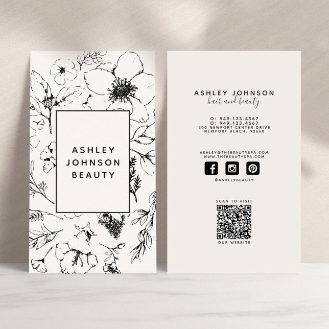 Modern Social Media QR Code Botanical Blush Black Business Card (QR Code Social Media Business Card)