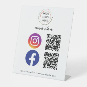 Modern Social Media QR Code Business Card White Pedestal Sign