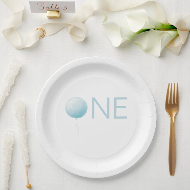 Modern Soft Blue Balloon Boy 1st Birthday Party Paper Plate (Wedding)
