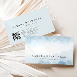 Modern Soft Blue Watercolor Abstract QR Code Business Card