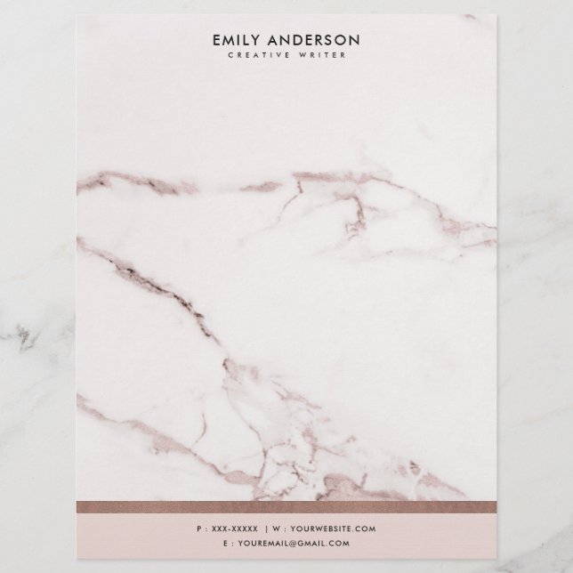 MODERN SOFT BLUSH PINK ROSE GOLD MARBLE TEXTURE CUSTOM LETTERHEAD (Front)