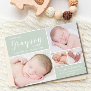 Modern Soft Green Photo Collage Baby Boy Birth Announcement