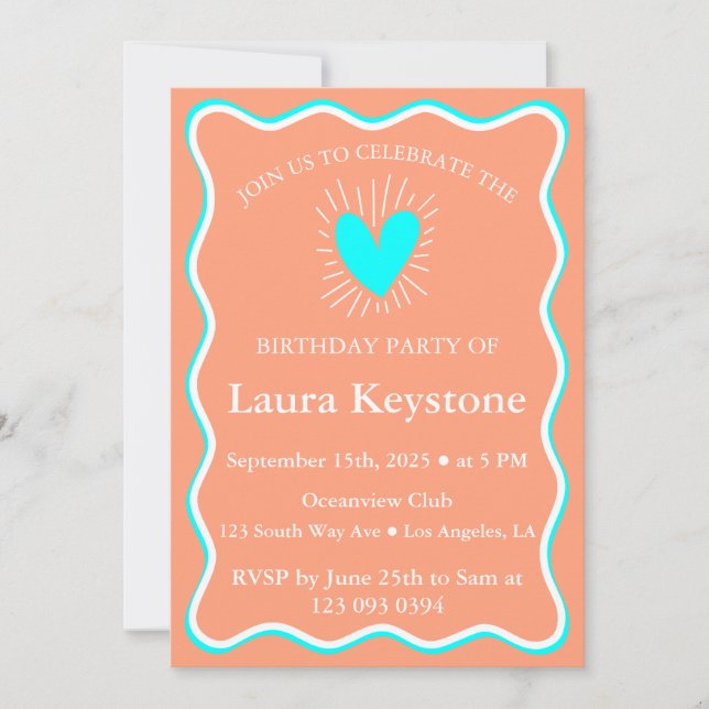 Modern Soft Orange, Aqua & White Birthday Invitation (Front)