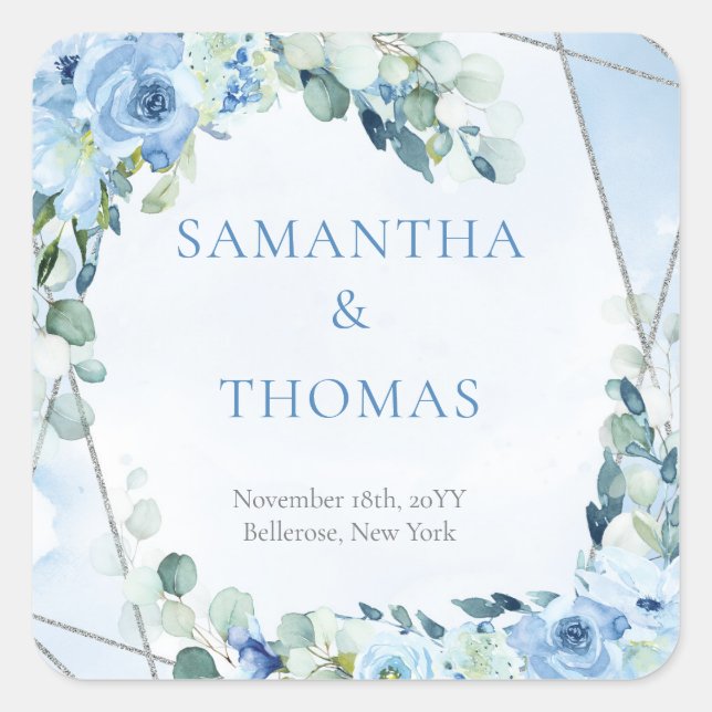 Modern soft pastel blue flowers silver frame sage square sticker (Front)