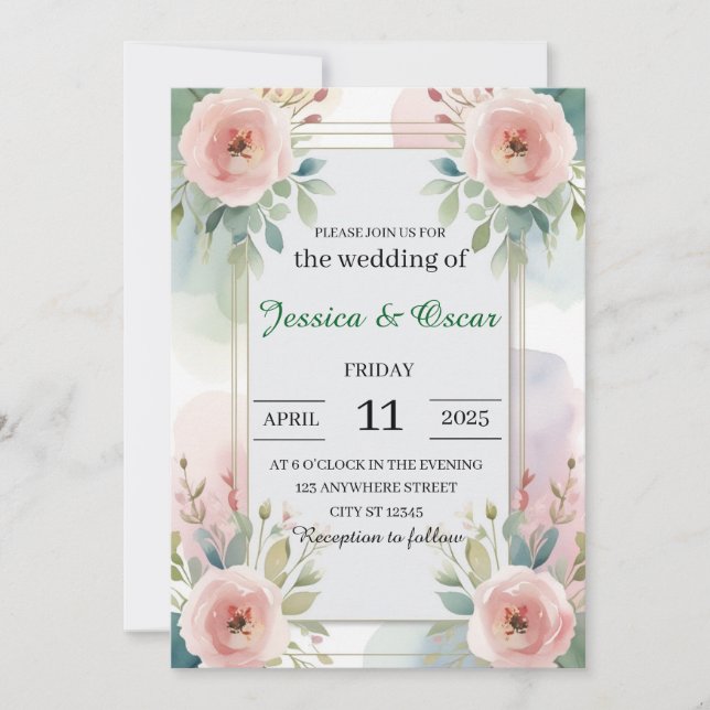 Modern Soft Pastel Watercolor Flowers Wedding Invitation (Front)