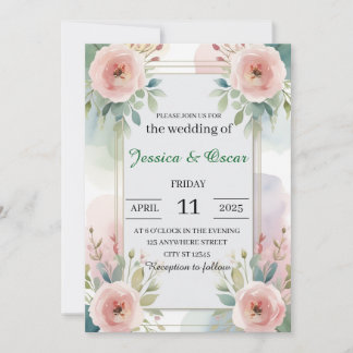 Modern Soft Pastel Watercolor Flowers Wedding Invitation