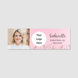 Modern Soft Pink Botanical Photo Script   Name Tag