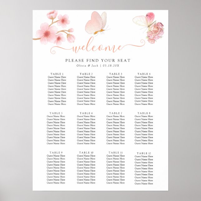 Modern soft pink floral & butterfly Summer Wedding Poster (Front)