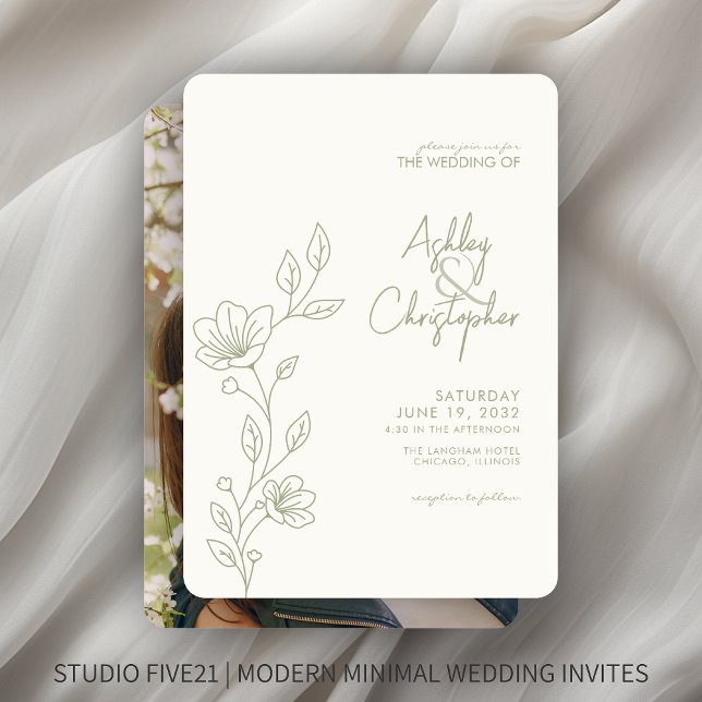 Modern Soft Sage Foliage Outline Photo Wedding Invitation (Creator Uploaded)
