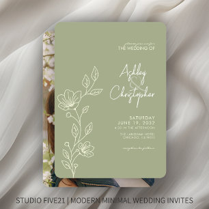 Modern Soft Sage Foliage Outline Photo Wedding Invitation