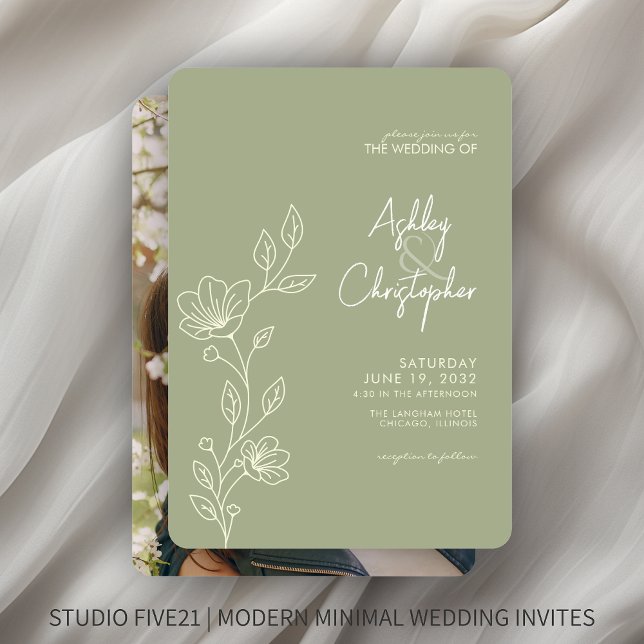Modern Soft Sage Foliage Outline Photo Wedding Invitation (Creator Uploaded)