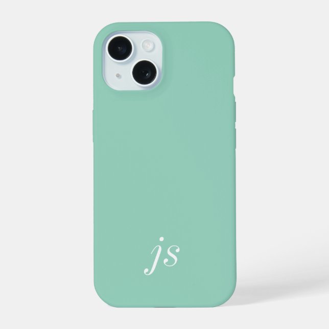 Modern Soft Sage Mint White Monogram Name iPhone 15 Case (Back)