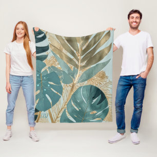 Modern Soft Teal Monstera Botanical Fleece Blanket