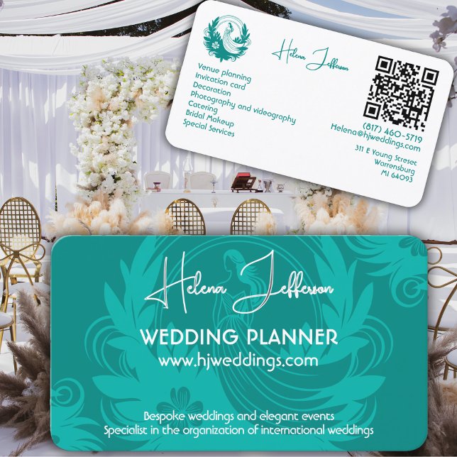 Modern Soft Teal Motif Logo Wedding Planner Business Card (Creator Uploaded)