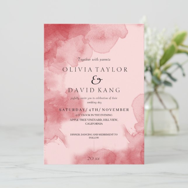  Modern Soft Watercolor Red Ombre Wedding Invitation (Standing Front)