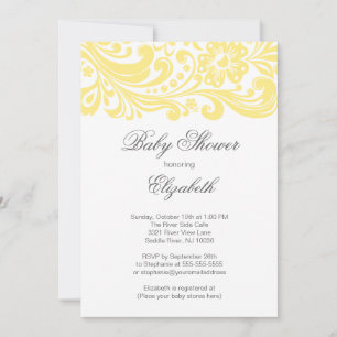 Modern Soft Yellow Floral Swirl Baby Shower Invitation