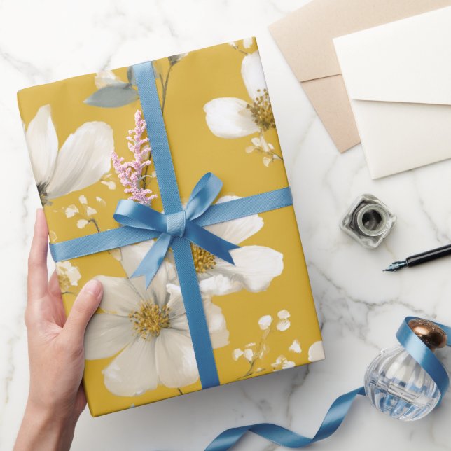 Modern Soft Yellow Flower White Floral Pattern Wrapping Paper (Gifting)