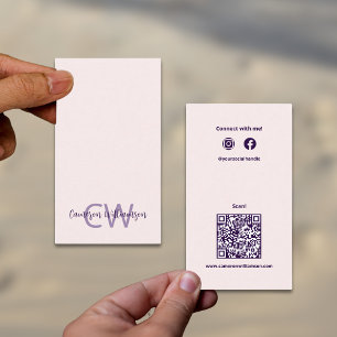 Modern Solid Blush Monogram QR Code Social Business Card