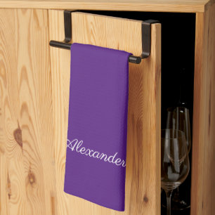Modern Solid Colour Dark Purple White Script  Tea Towel