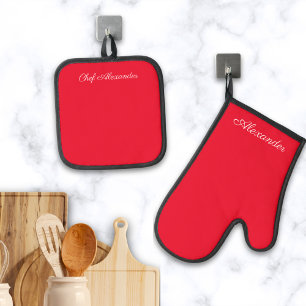 Modern Solid Minimal Red White Script Monogram Oven Mitt & Pot Holder Set