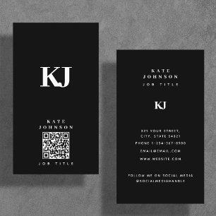 Modern Solid Monogram Initials QR Code Black Business Card