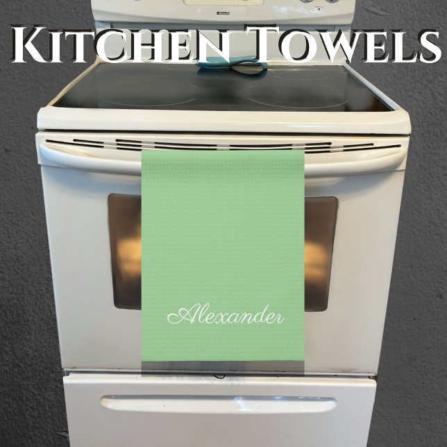 Modern Solid Sage Green template Black Script Apro Tea Towel (Creator Uploaded)