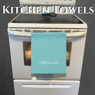 Modern Solid Teal Blue template White Script Tea Towel