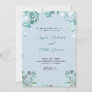 Modern Sophisticated Greenery Framed Blue Wedding Invitation