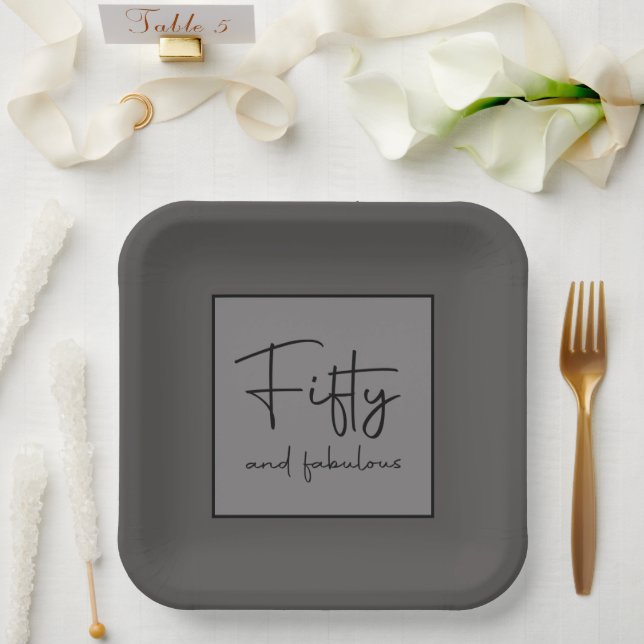 Modern Sophisticated Script Grey Fifty & fabulous Paper Plate (Wedding)