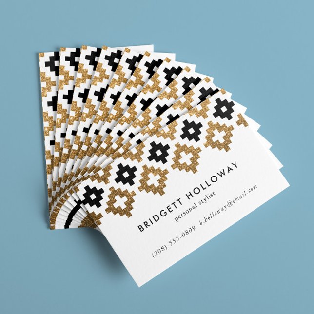 Modern Southwest Blanket Black and Gold Glitter Business Card (faux gold glitter and black geometric southwestern Navajo stye blanket motif business cards)