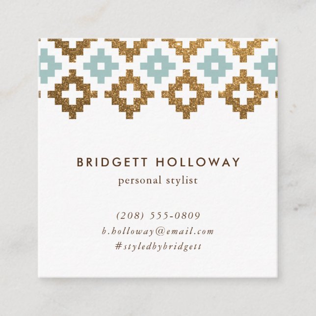 Modern Southwest Blanket Mint and Gold Glitter Square Business Card (Front)