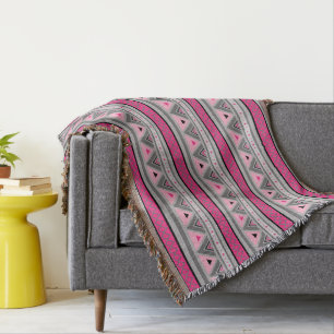 Modern Southwestern Geometric, Pink & Grey / Grey Throw Blanket