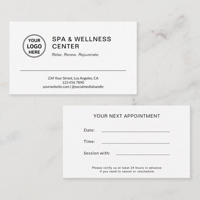 Modern Spa Massage Therapist White Appointment Card (Front/Back)
